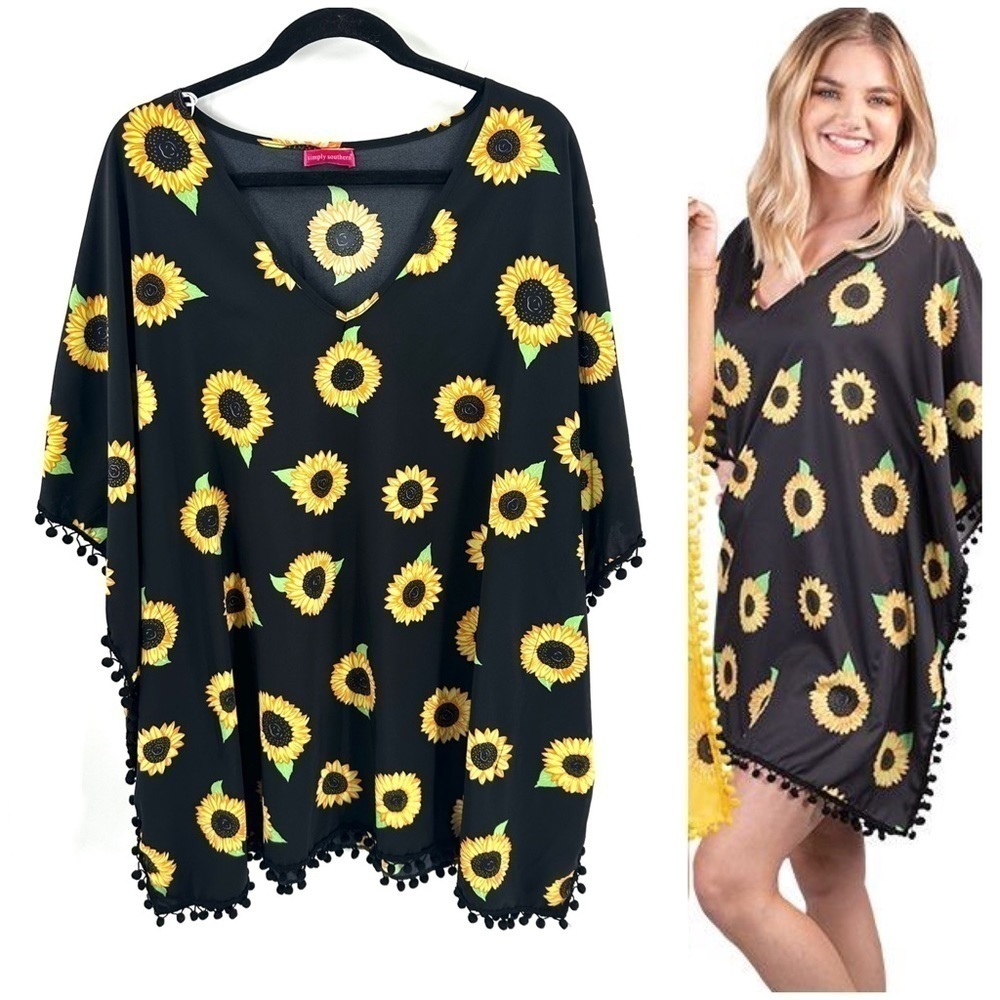 Simply Southern Coverup Beach Poncho One Size Floral Pom Pom Boho Vacation